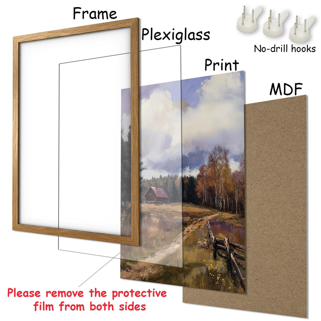 Framed Poster of a serene landscape painting with a cabin, in warm earth tones. Enhance your decor with this beautiful Poster!