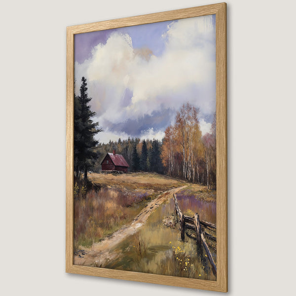 Framed Poster featuring a serene landscape with a cabin, in a warm, earthy color palette. Perfect for adding rustic charm to your space.