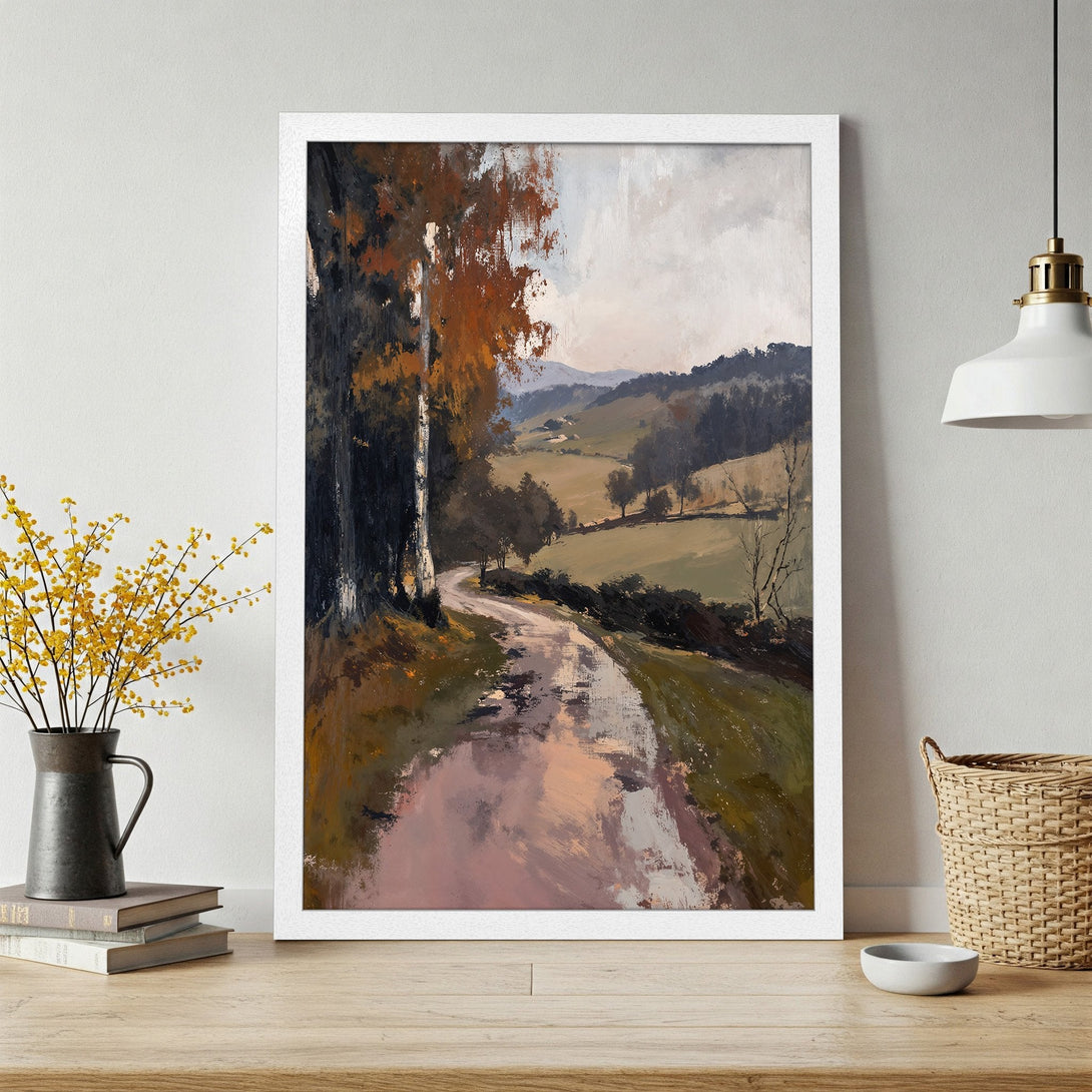 Framed Poster of a scenic landscape in an impressionistic style, featuring a winding road and autumnal color palette. Perfect wall art!