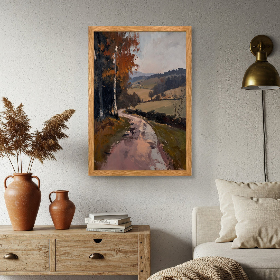 Framed Poster of a landscape painting in warm, earthy tones. Perfect wall art for a cozy home.