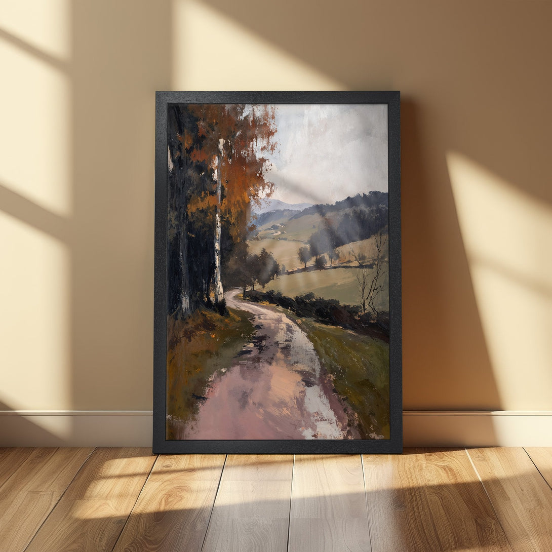 Framed Poster of a serene landscape painting in impressionistic style with earthy tones and a touch of sunlight. Perfect wall art!