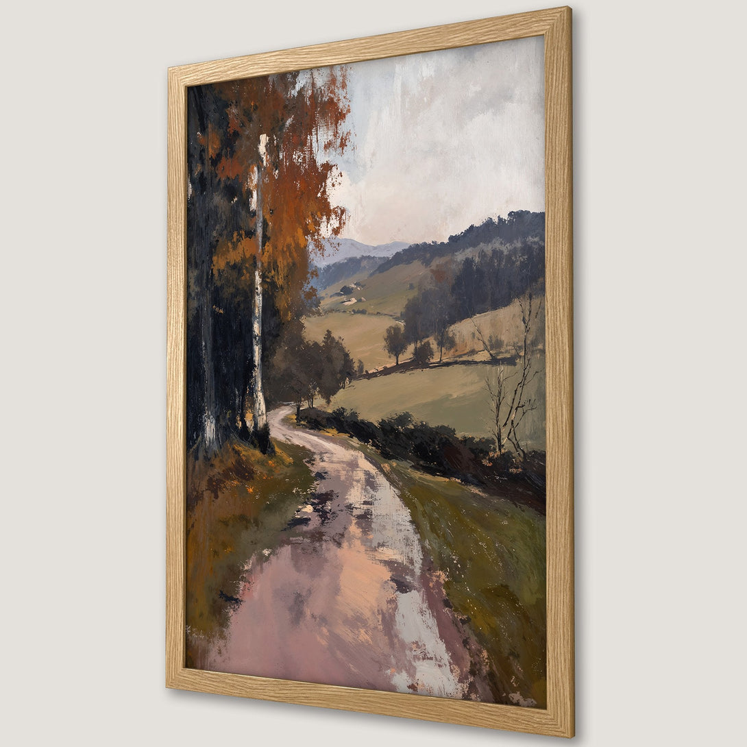 Framed Poster featuring an impressionistic landscape painting with a road, trees, and a muted color palette. Perfect wall art!