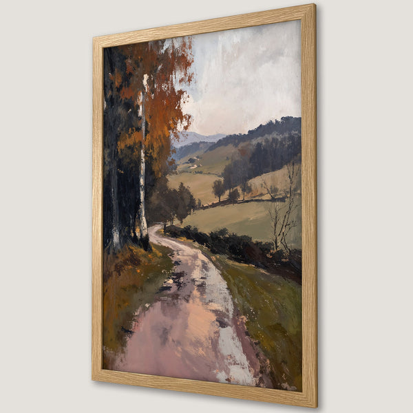 Framed Poster featuring an impressionistic landscape painting with a road, trees, and a muted color palette. Perfect wall art!