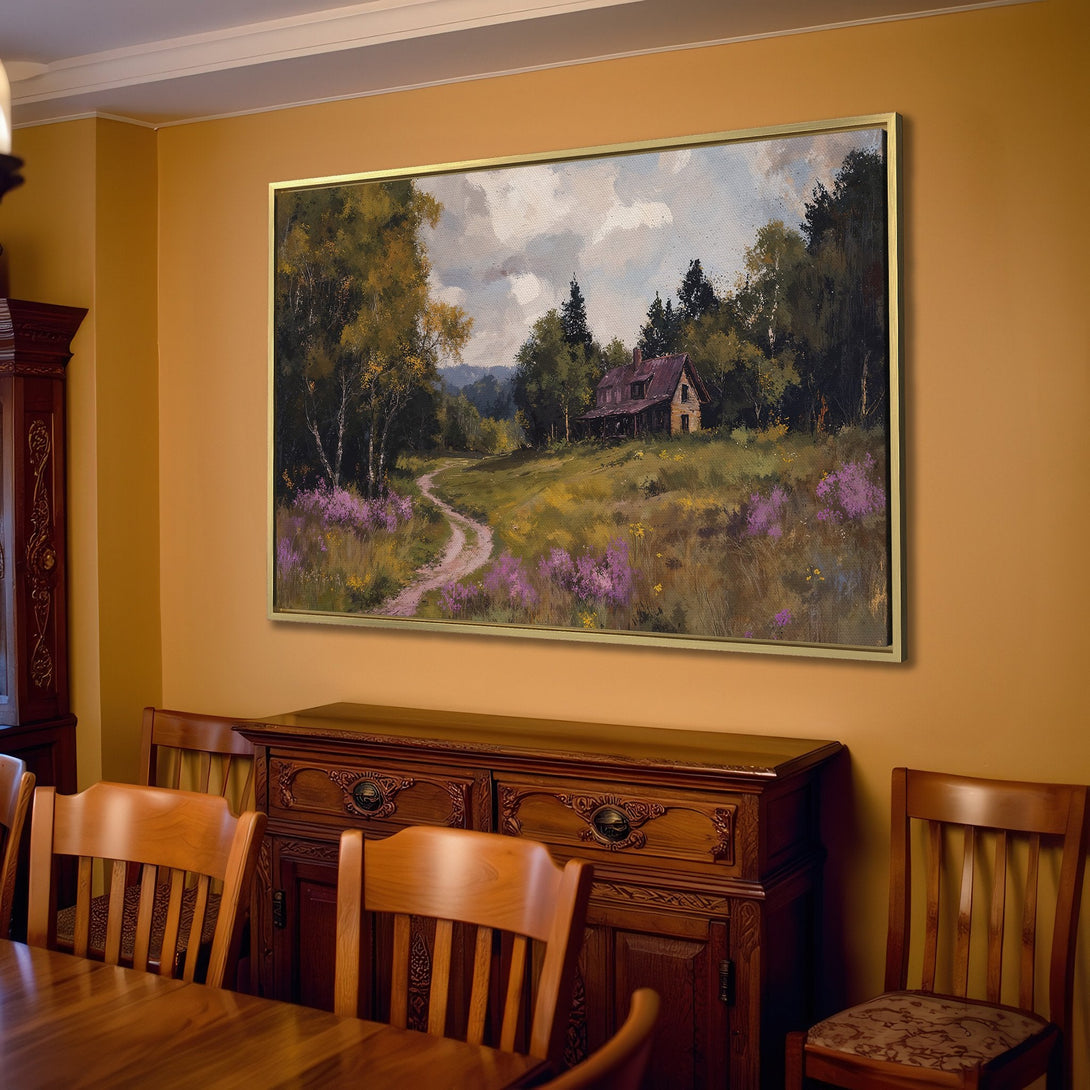 Canvas Print of a serene landscape painting with a cabin, featuring a natural color palette and a rustic style, perfect for home decor.