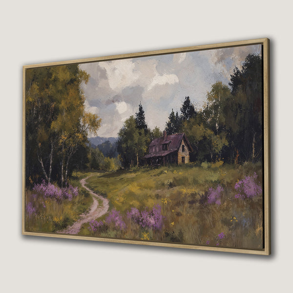 Framed Wall Art: Rustic landscape canvas print featuring a charming cottage, path, and vibrant purple flowers. Earthy tones create a warm, inviting atmosphere.