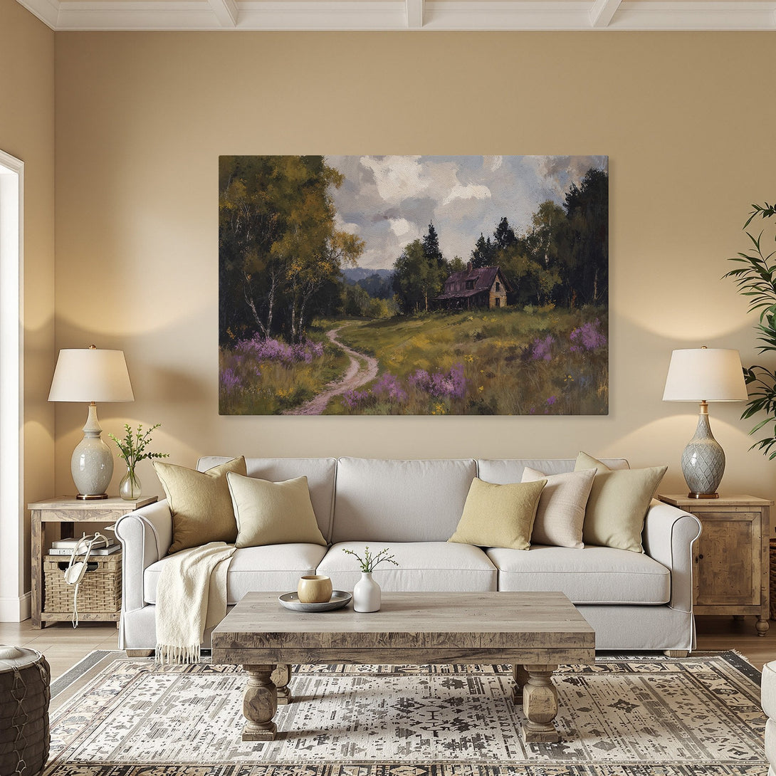 Framed Wall Art: Landscape painting of a cottage in a field, with a warm color palette. Perfect for adding a touch of nature to your home.