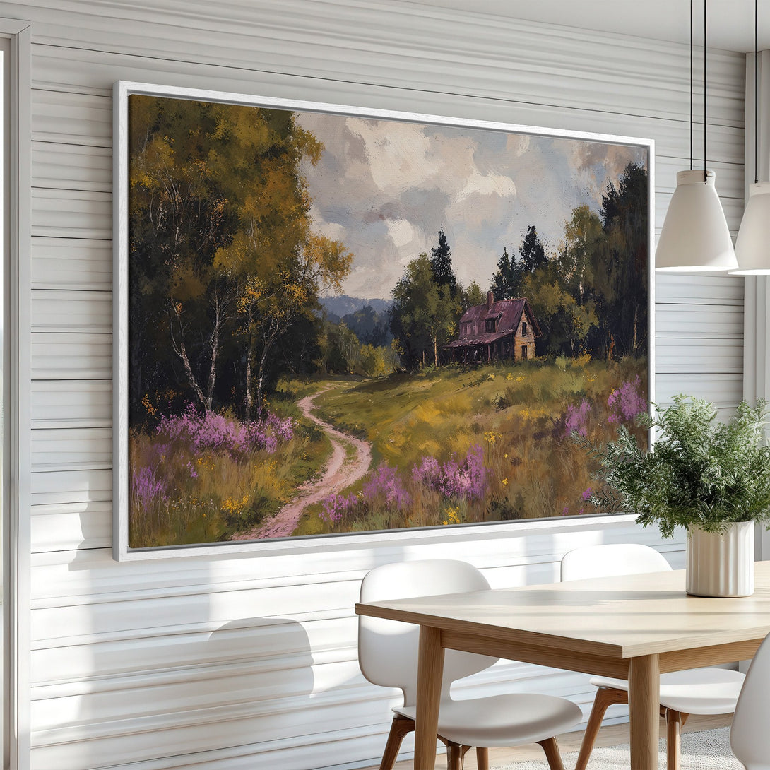 Framed Wall Art: Landscape painting of a cabin in a field, with a path leading to it. Warm, earthy color palette with greens, yellows, and purples.