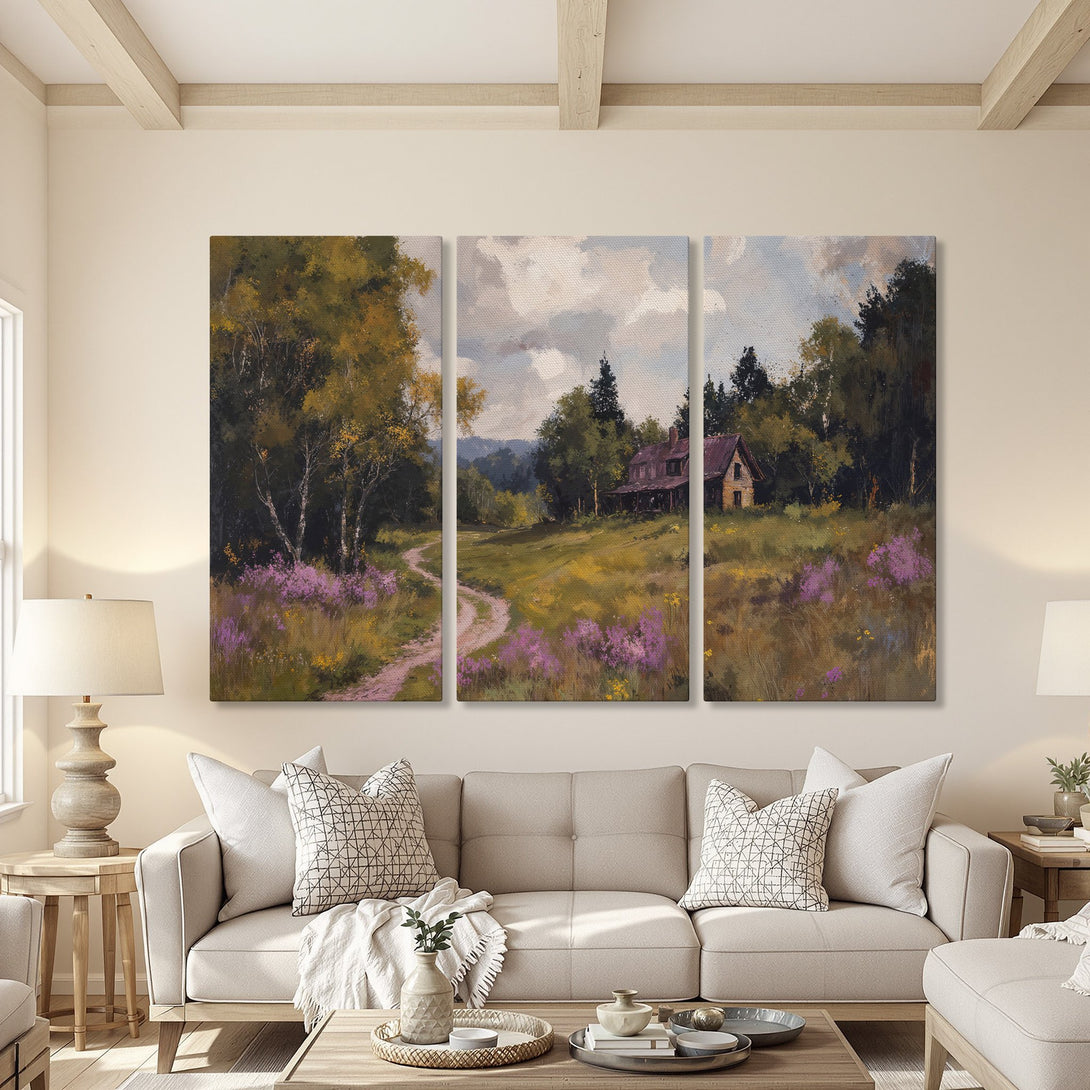 Canvas Print triptych featuring a serene landscape painting with a cabin. Warm, earthy tones of green, yellow, and purple create a cozy, inviting aesthetic.