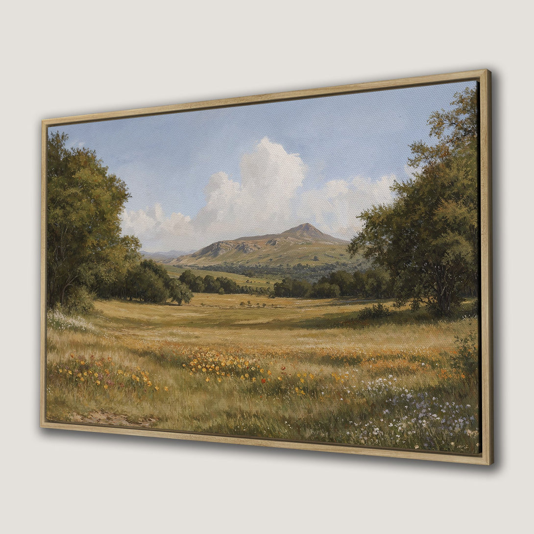 Canvas Print of a serene landscape painting with a warm, natural color palette. Features a field, trees, and mountain under a blue sky.