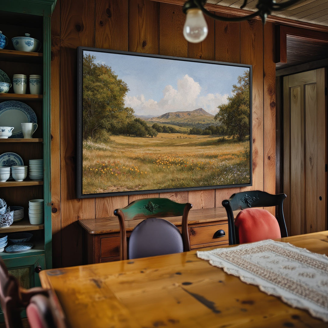 Framed Wall Art: Landscape Canvas Print with a serene meadow scene in warm earth tones, perfect for adding a touch of nature to your home decor.