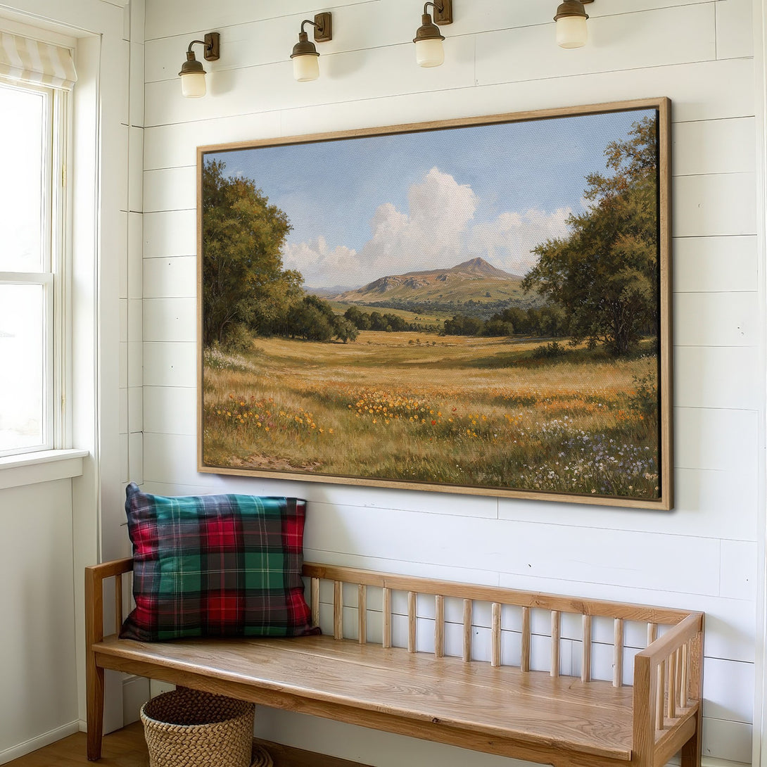Framed Wall Art: Landscape Canvas Print with a serene meadow scene in warm, earthy tones. Perfect for adding a touch of nature to your home decor.