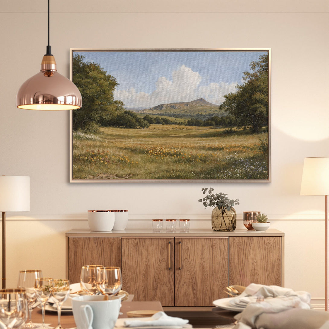 Framed Wall Art: Landscape Canvas Print in warm earth tones. Classic style artwork adds elegance to any interior. Shop now!