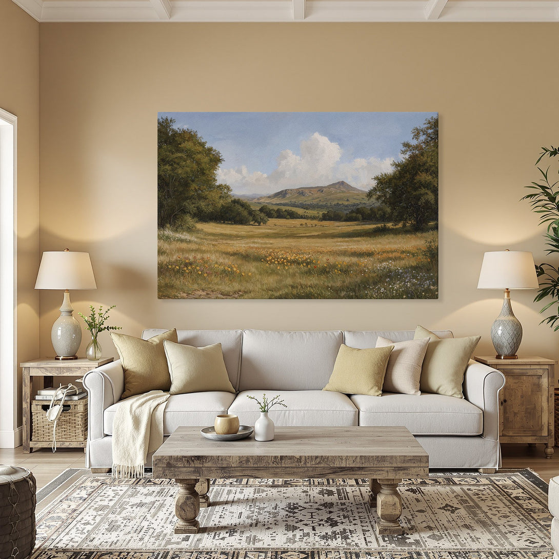 Framed Wall Art: Landscape painting with a mountain view in a classic style. Earthy color palette enhances any room. Bring nature indoors!