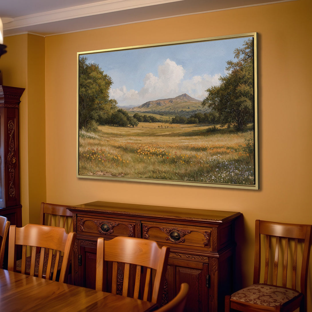 Canvas Print of a serene landscape painting in warm earth tones, perfect for adding a touch of nature to your living room.