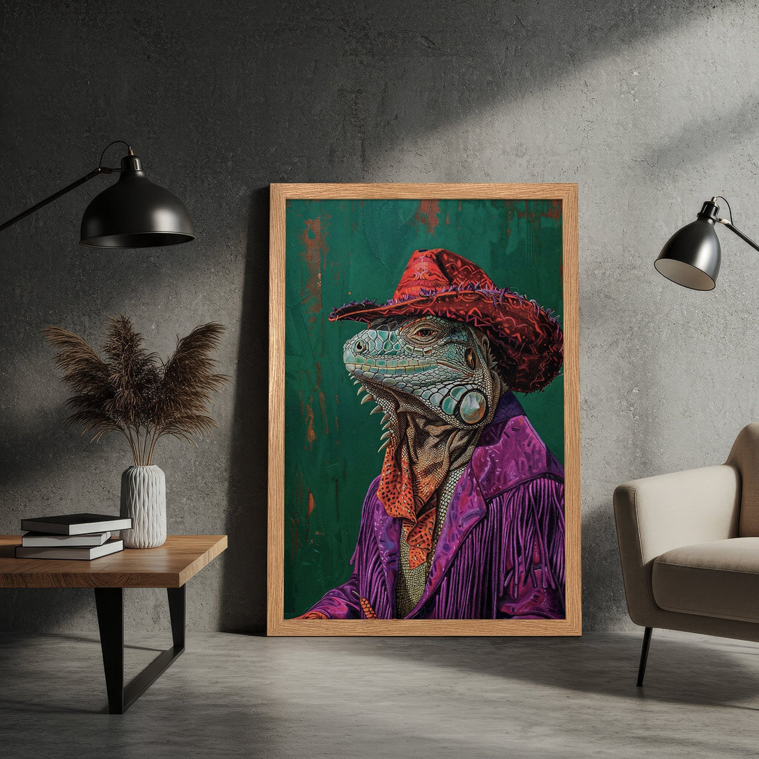 Framed Poster featuring a stylish iguana in a cowboy hat. Vibrant, artistic style with a purple, green, and red color palette. Unique wall art!