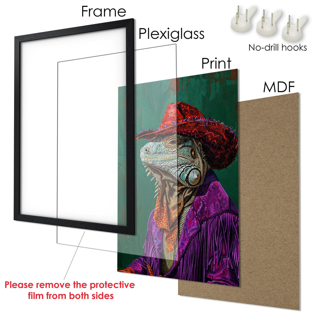 Framed Poster featuring a stylish iguana portrait, vibrant colors, and a modern art style. Perfect wall decor!
