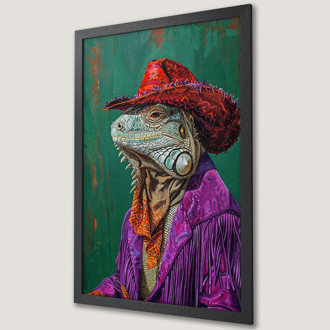 Framed Poster of an iguana in a cowboy hat and purple jacket, vibrant colors on a green background, pop art style.