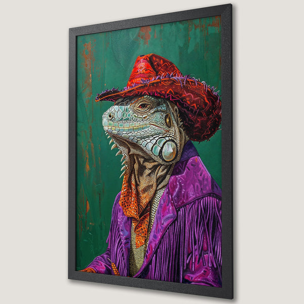Framed Poster of an iguana in a cowboy hat and purple jacket, vibrant colors on a green background, pop art style.