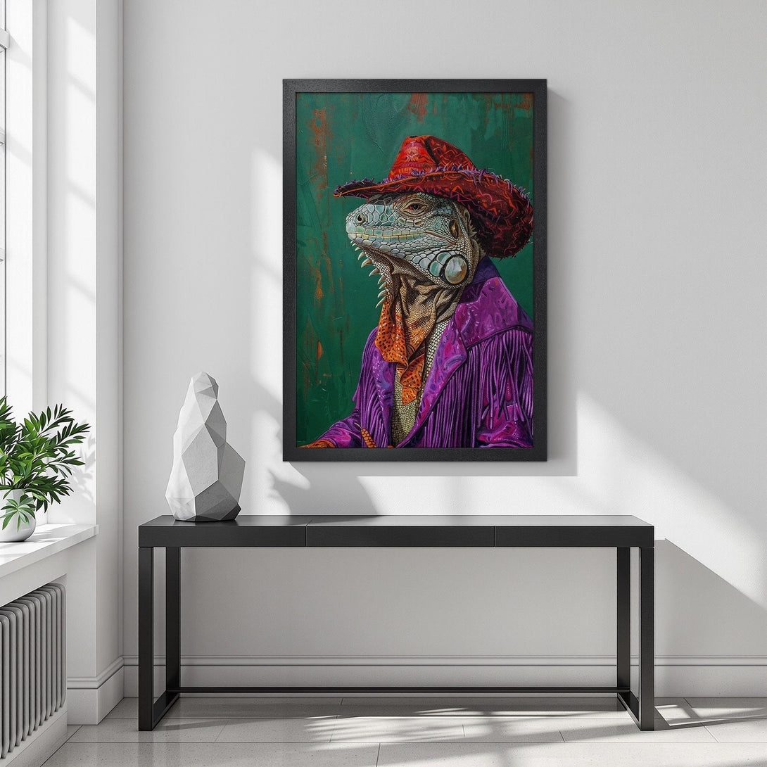 Framed Poster featuring an iguana in a cowboy hat, vibrant colors on a green background. Unique art style. Perfect wall decor!