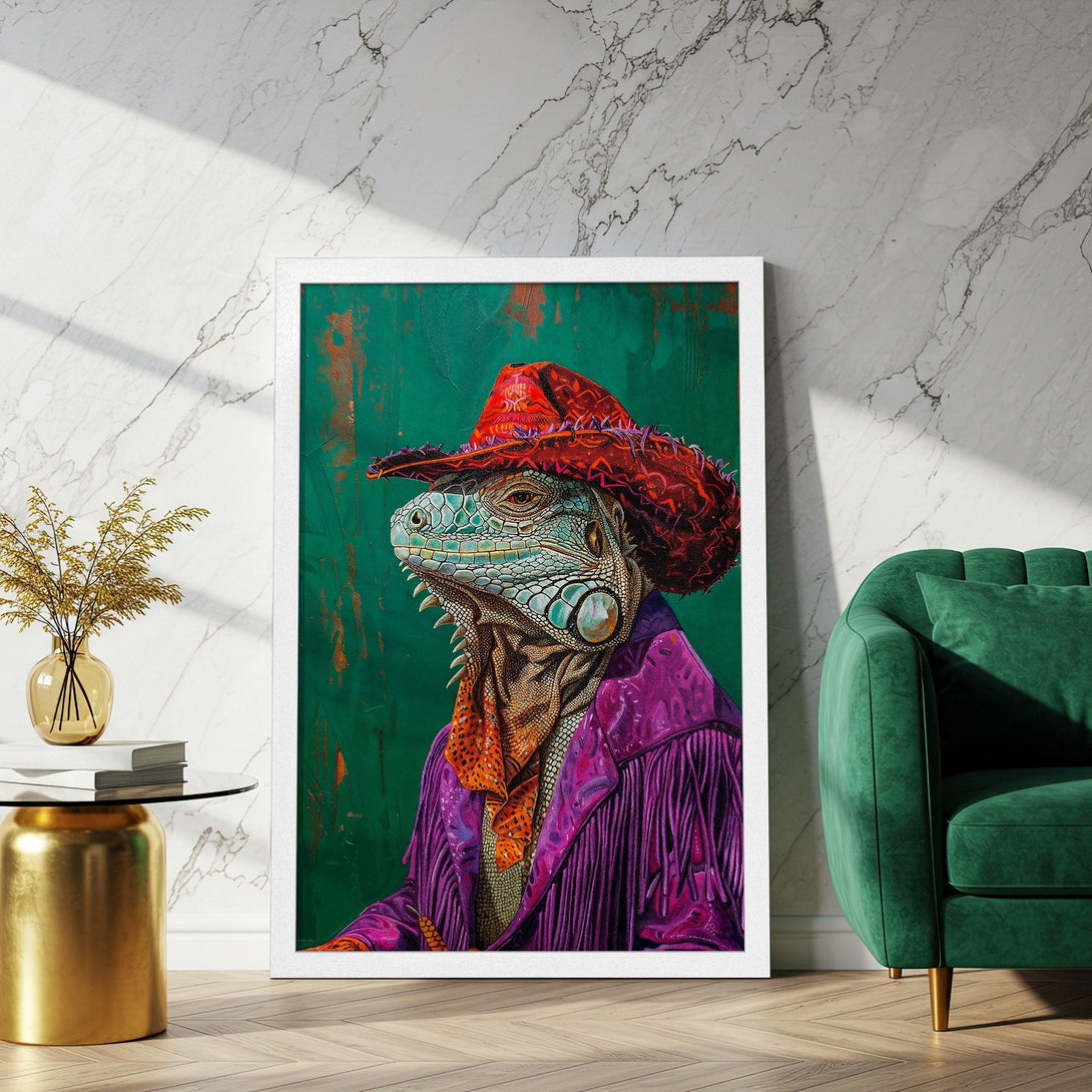Framed Poster featuring a stylish iguana in purple & red. Vibrant art print with a bold, colorful palette. Perfect wall decor!