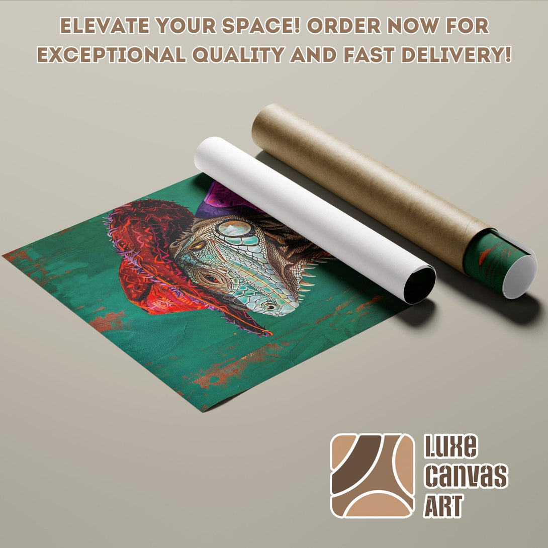 Abstract iguana art poster roll, green, turquoise, and red color palette. Elevate your space!