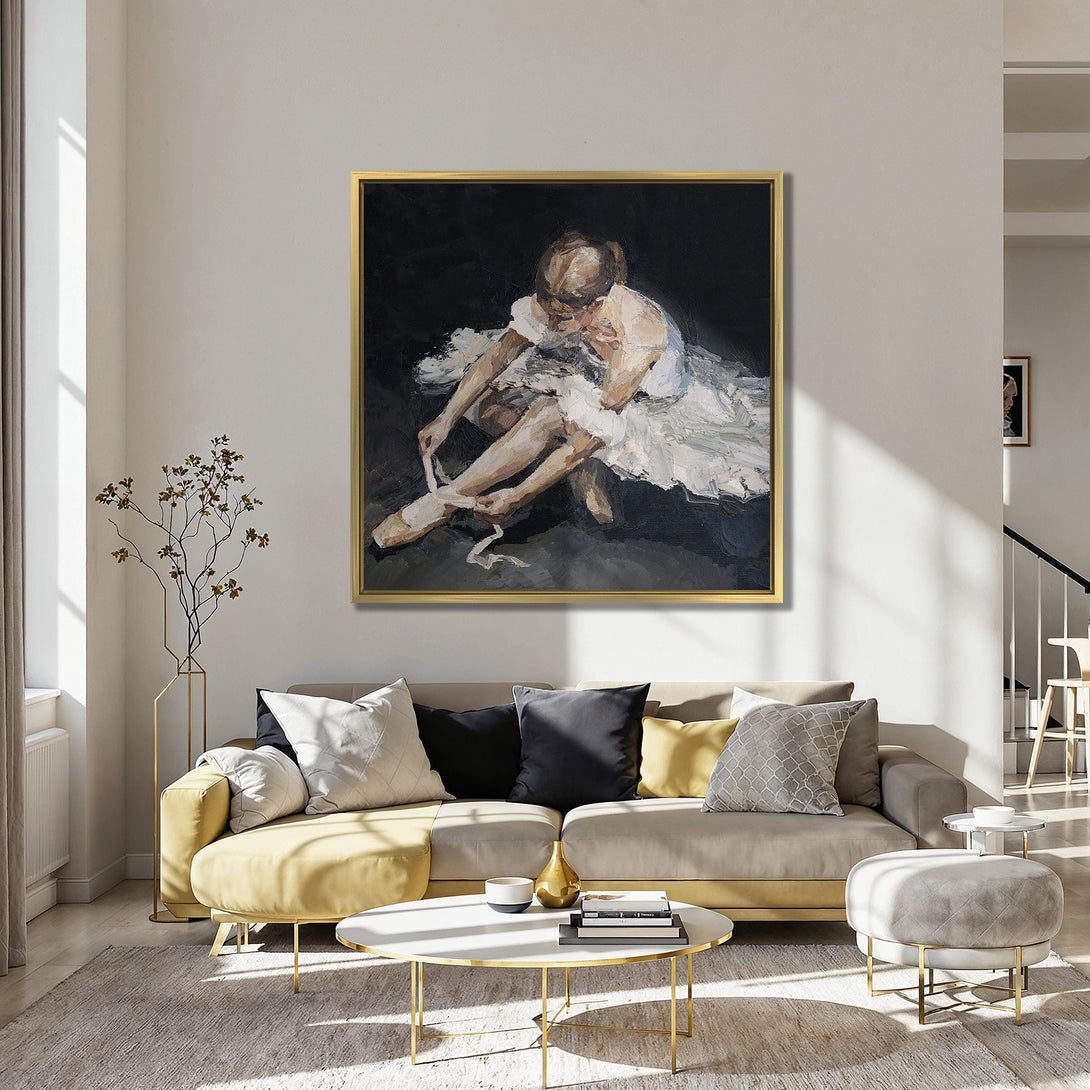 Canvas Print of ballerina painting in a moody, impressionistic style with a dark, muted color palette, perfect for elegant home decor.