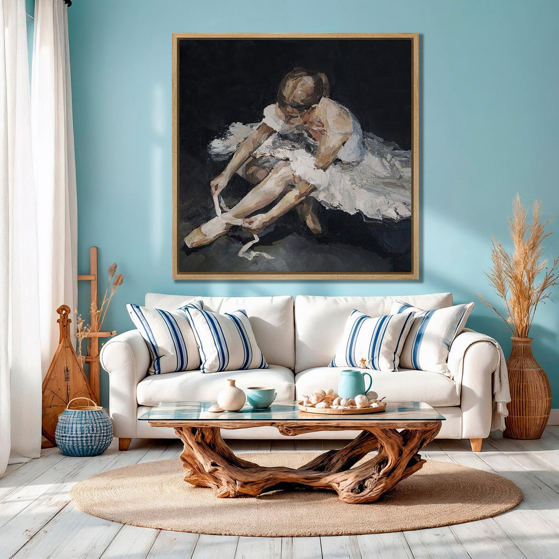 Framed Wall Art: Ballerina painting in a modern interior. Features a ballerina in white, with a muted color palette. Perfect for home decor.