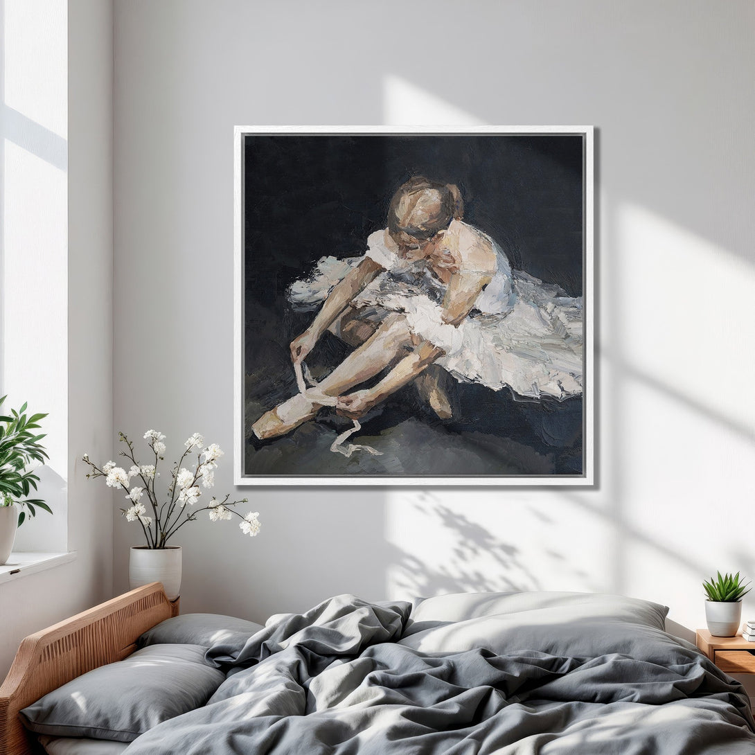 Framed Wall Art of a ballerina in a bedroom. Impressionistic style with a neutral palette of white, black, and skin tones. Perfect for elegant decor.