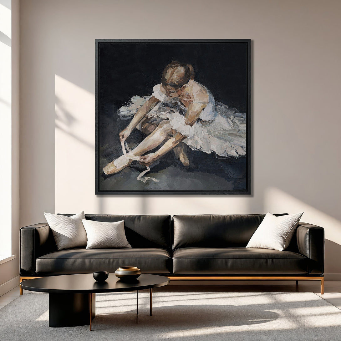 Framed Wall Art of a ballerina in a painterly style, with a neutral and muted color palette. Ideal for adding elegance to any space.