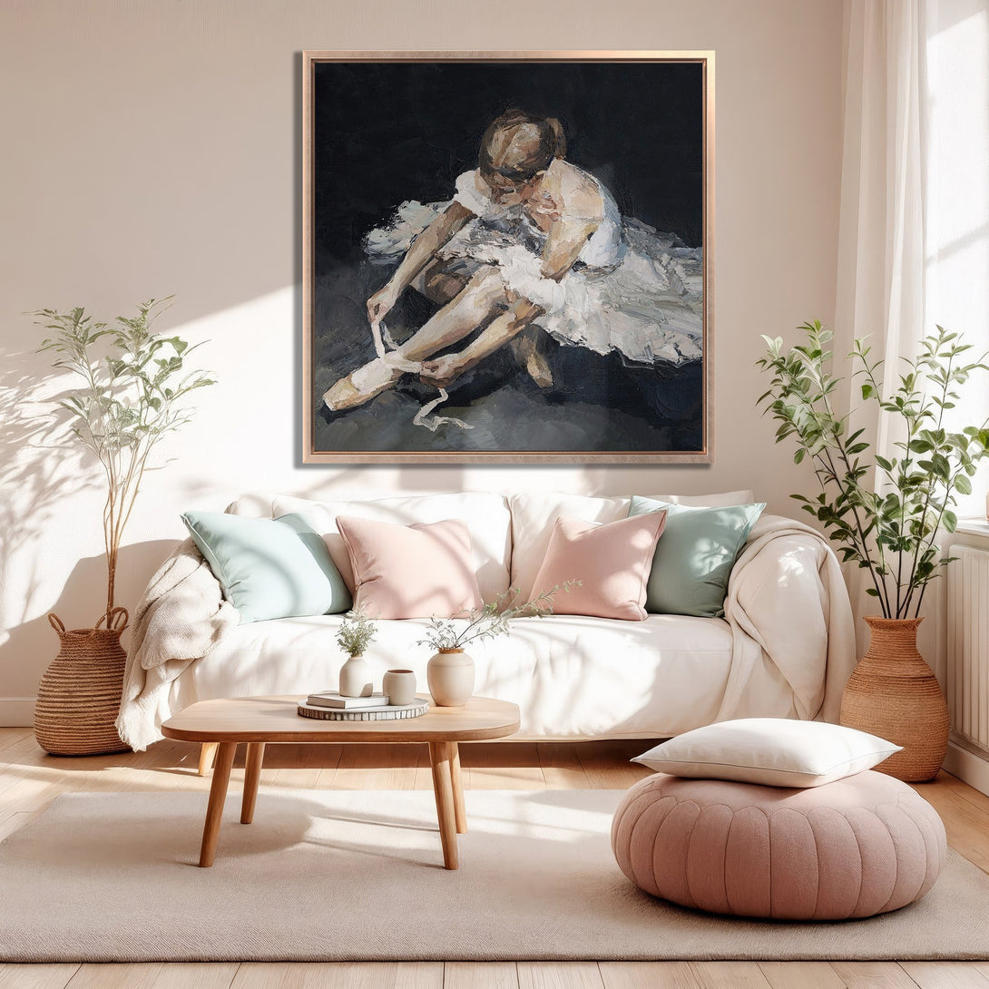 Framed Wall Art: Impressionist ballerina painting in a living room with a soft, neutral color palette. Perfect for adding elegance to your space.