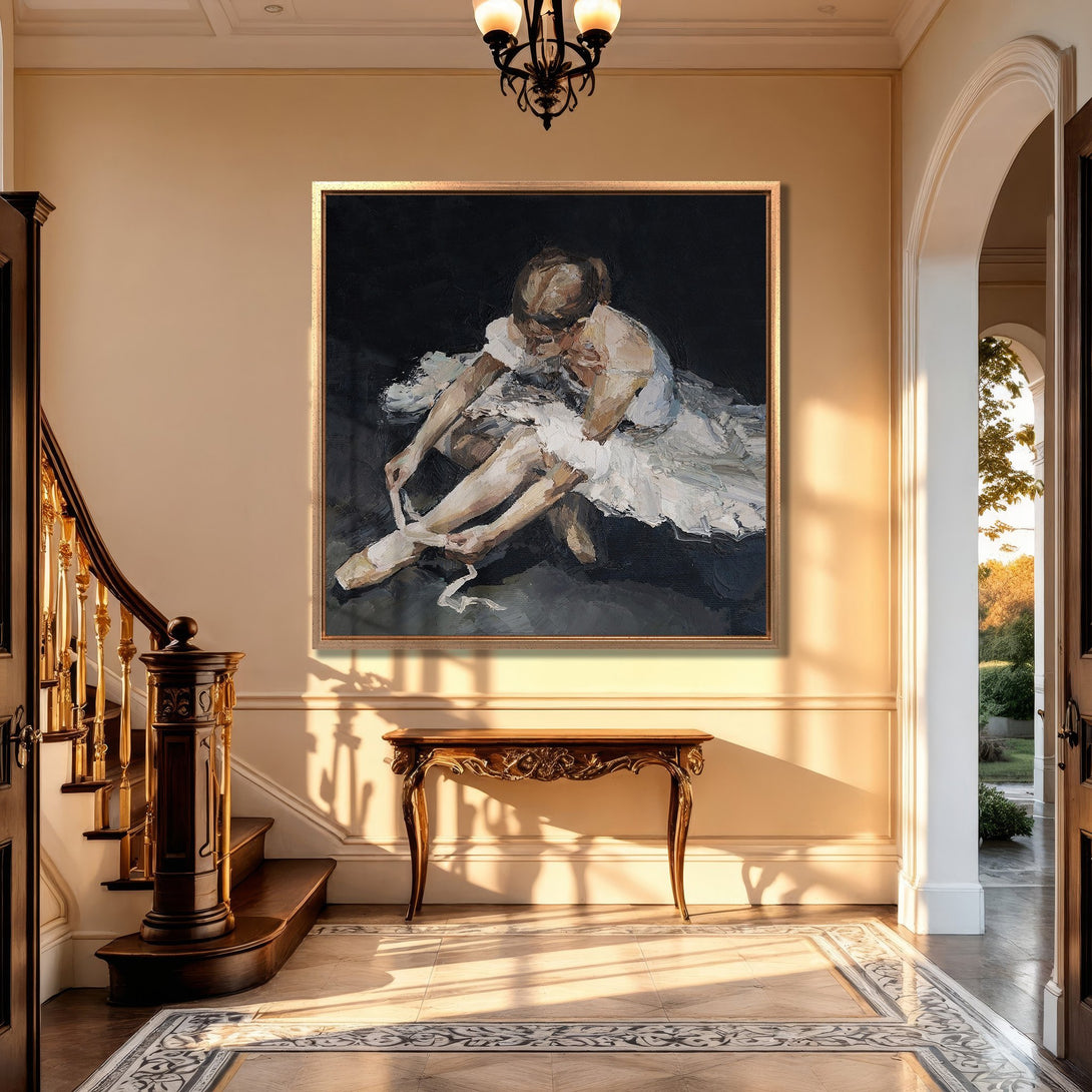 Framed Wall Art of a ballerina in a classic, impressionistic style. Featuring a neutral color palette with black, white, and beige tones. Perfect for elegant decor.
