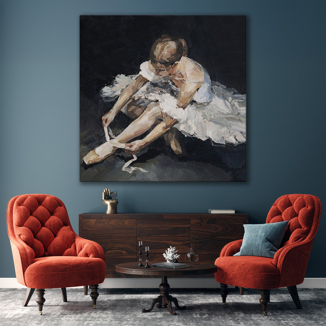 Framed Wall Art featuring a ballerina in a soft, impressionistic style. Neutral color palette with gold frame, perfect for elegant home decor.