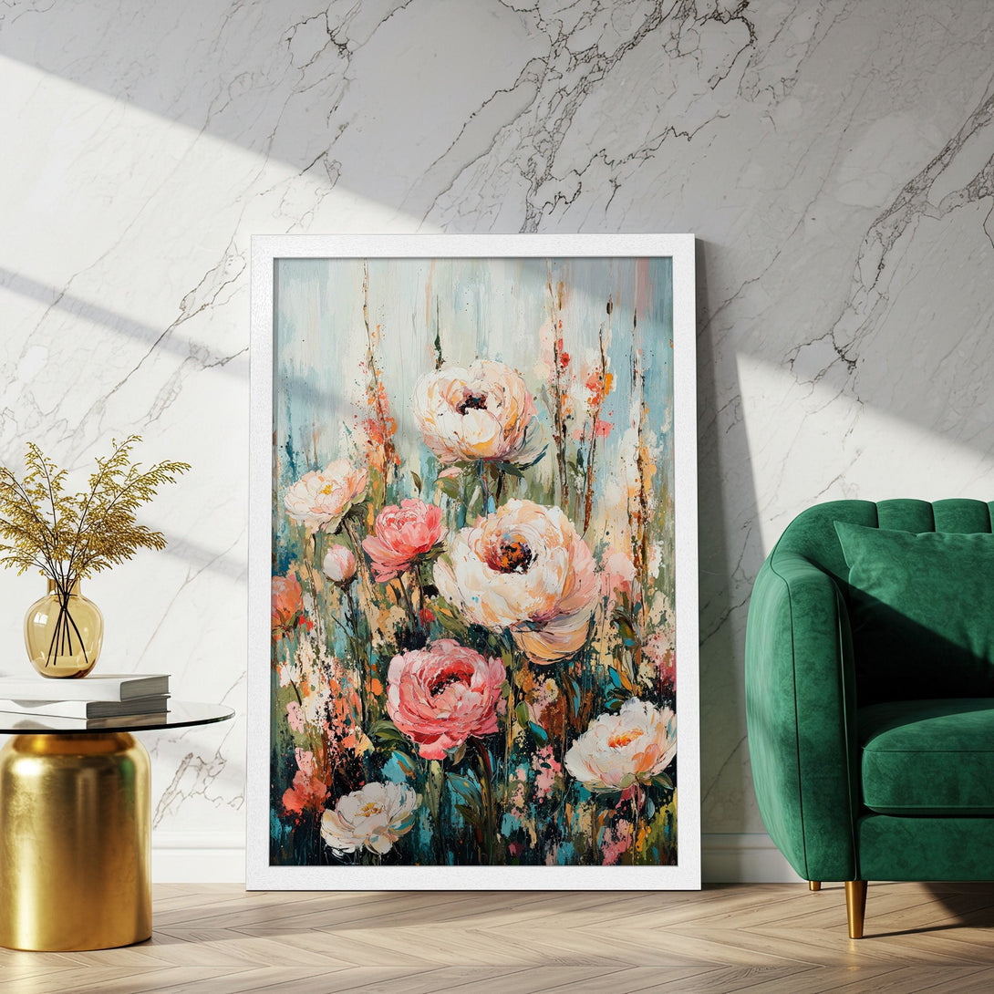 Framed Poster featuring floral art in a vibrant, impressionistic style with a soft pastel color palette. Perfect for home decor!
