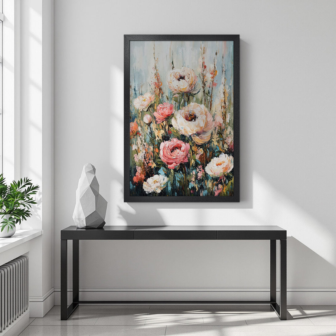 Framed Poster featuring floral artwork. Soft, pastel color palette with pink, white, and blue hues. Perfect wall art for any space.