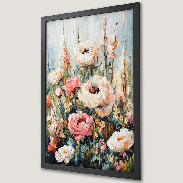 Framed Poster featuring a vibrant floral painting in impressionistic style with a soft, pastel color palette. Perfect wall art for any room!
