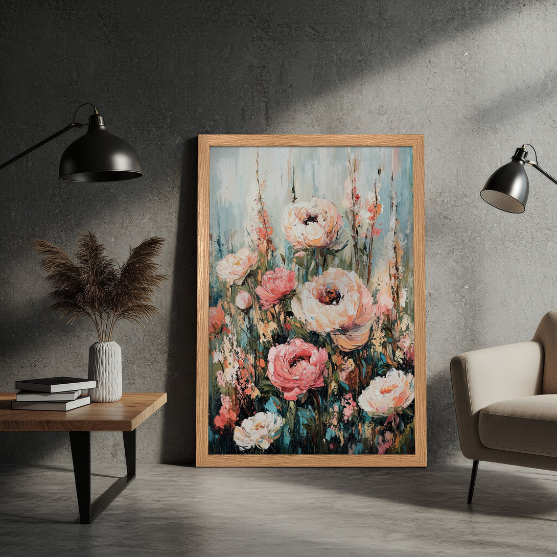 Framed Poster featuring a floral painting in a modern style with a pink and teal color palette. Perfect wall art!