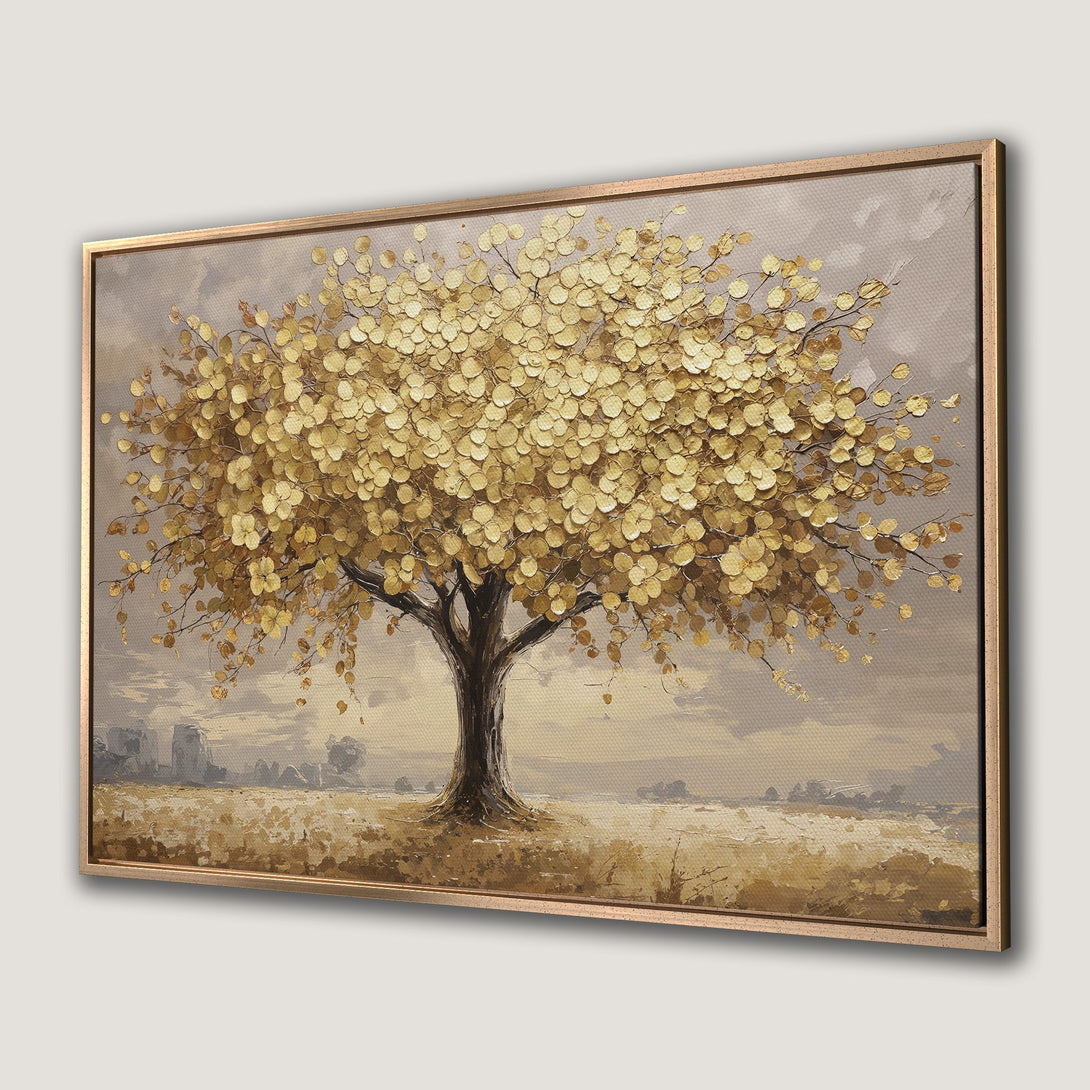 Framed Wall Art: Textured tree painting in gold and brown tones. Adds warmth and elegance to any space. Perfect for living rooms and bedrooms.