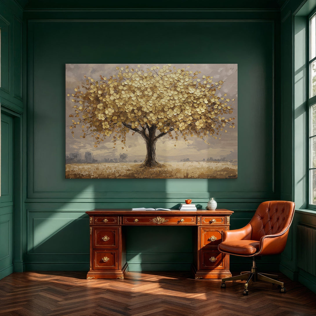 Framed Wall Art: Golden tree painting in a neutral palette. Modern abstract art for dining room decor. Add warmth and style to your space!