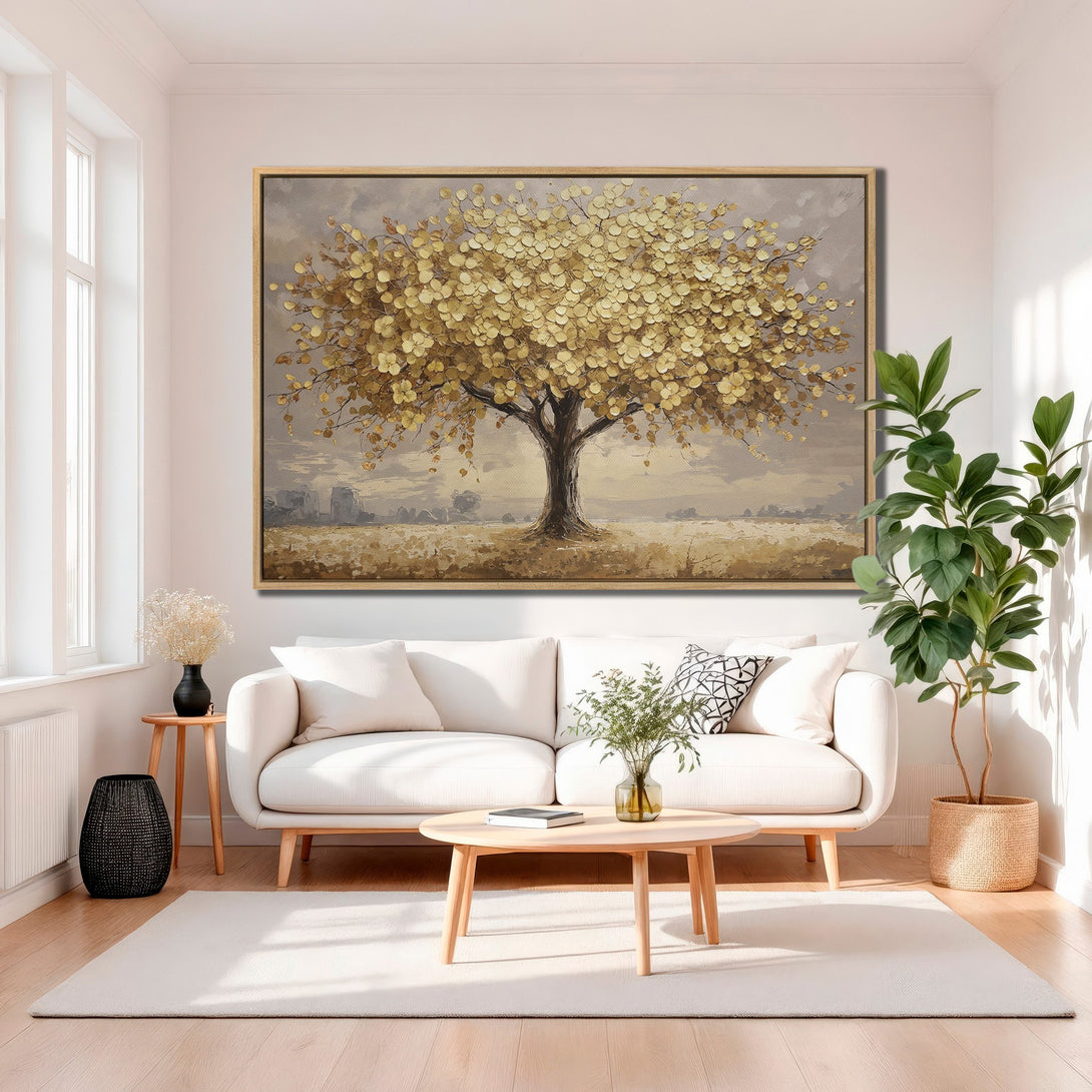 Framed Wall Art: Golden tree painting in neutral tones. Enhance your living room with this stunning canvas print!  Warm, inviting, and stylish.