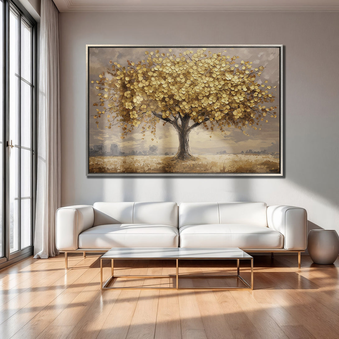 Framed Wall Art: Golden tree art print in a modern living room. Warm gold and brown color palette. Enhance your home decor with this stunning canvas print.