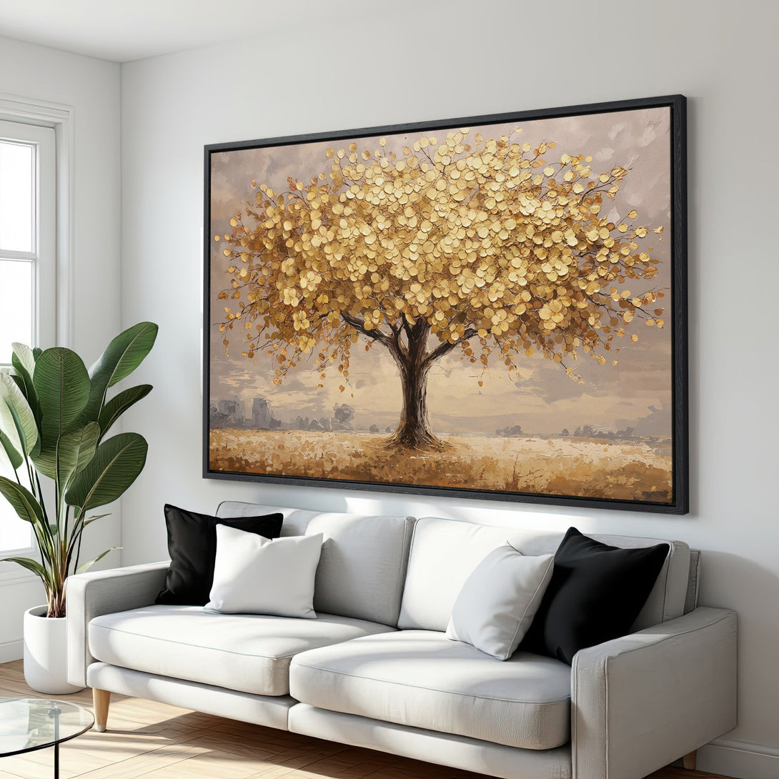 Framed Wall Art: Golden tree painting in a modern living room. Warm neutral tones create a cozy, elegant atmosphere. Enhance your home decor!