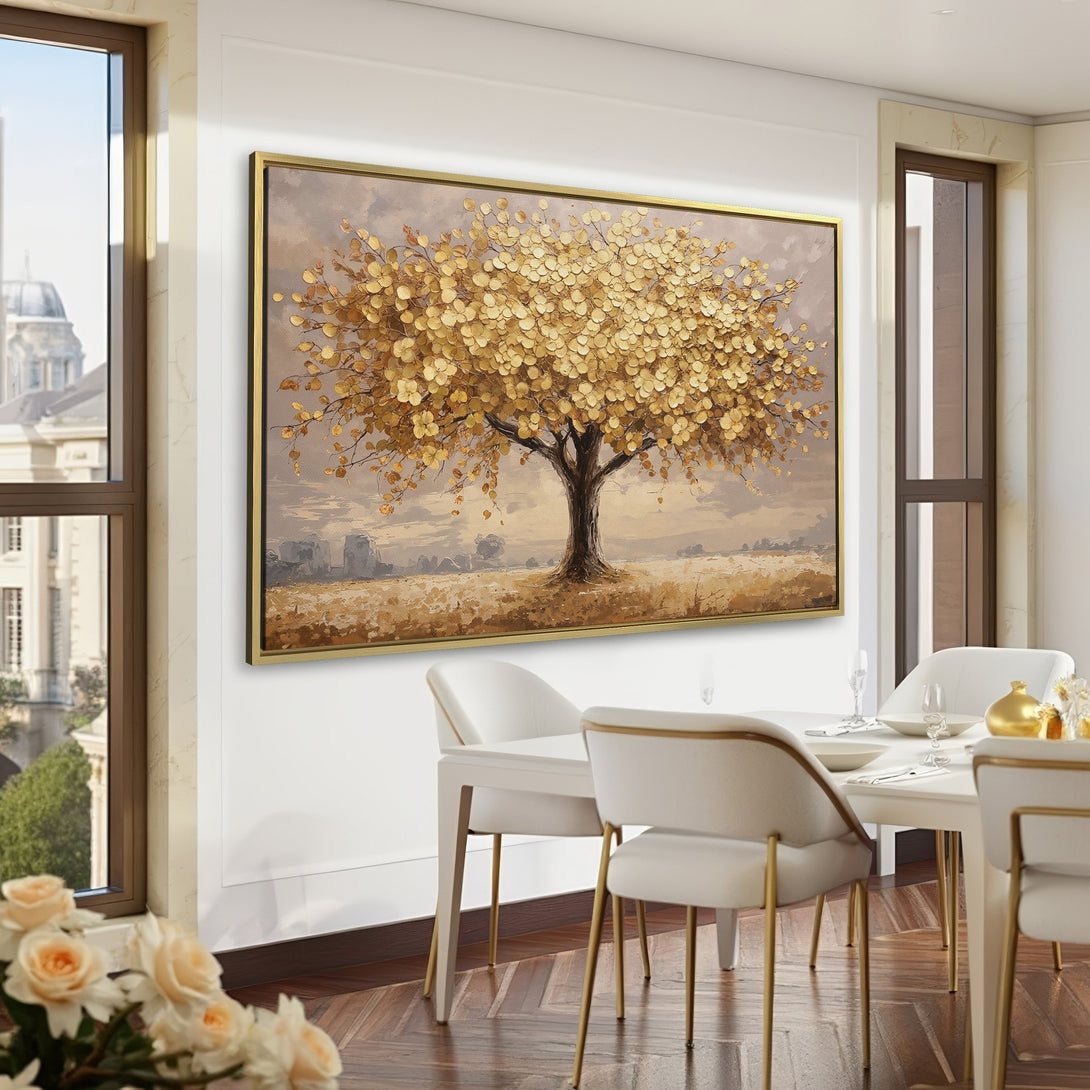 Canvas Print of a golden tree landscape art, perfect for adding warmth and style to any room. Earthy tones.