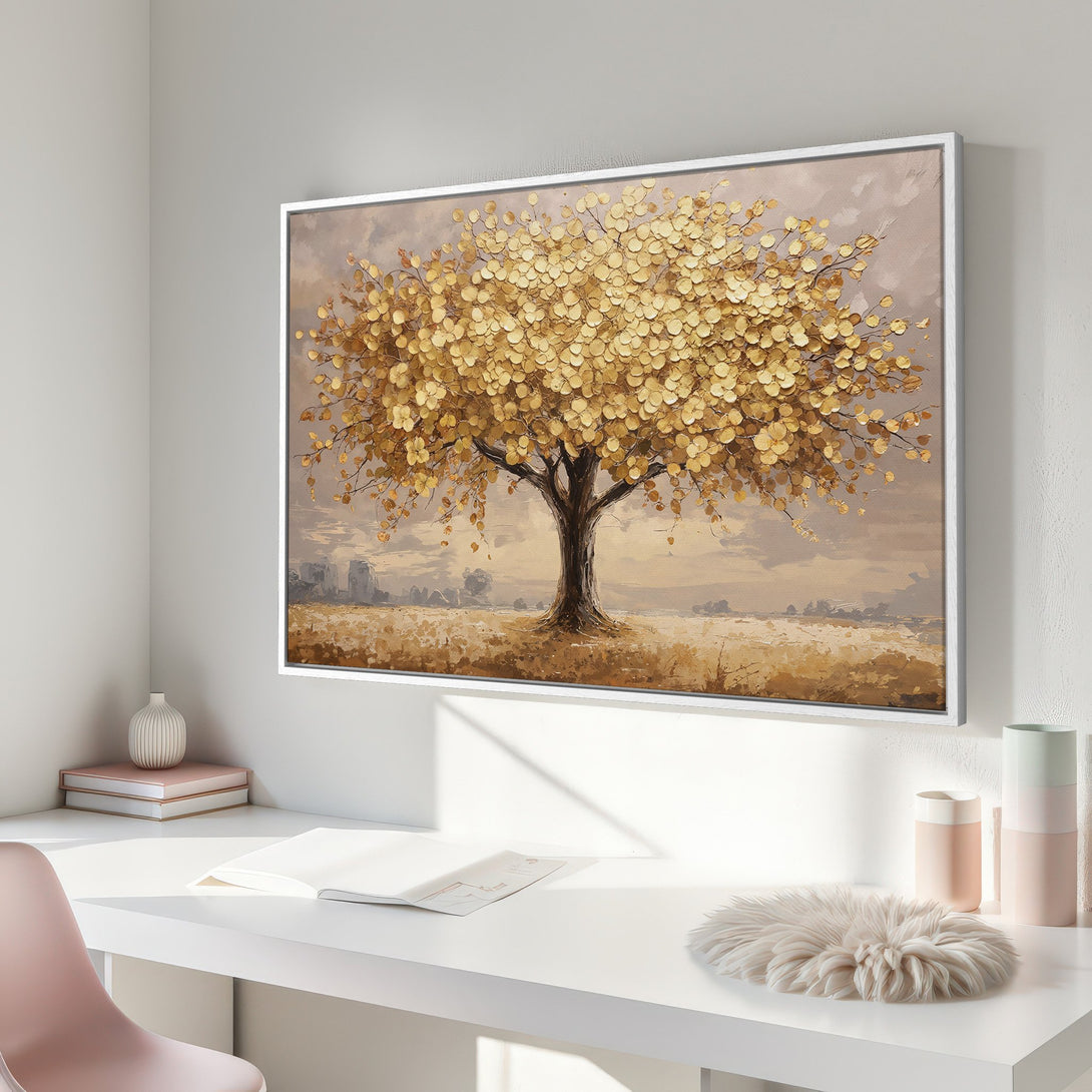 Framed Wall Art: Golden tree painting in neutral tones. Modern art print for living room or bedroom decor.