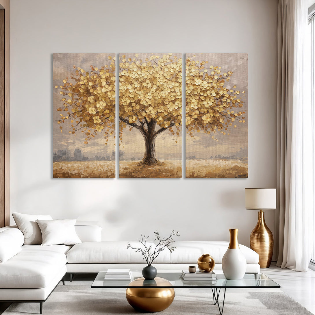 Canvas Print of a golden tree artwork, perfect for modern home decor. Features a warm, neutral color palette and textured, impressionistic style.