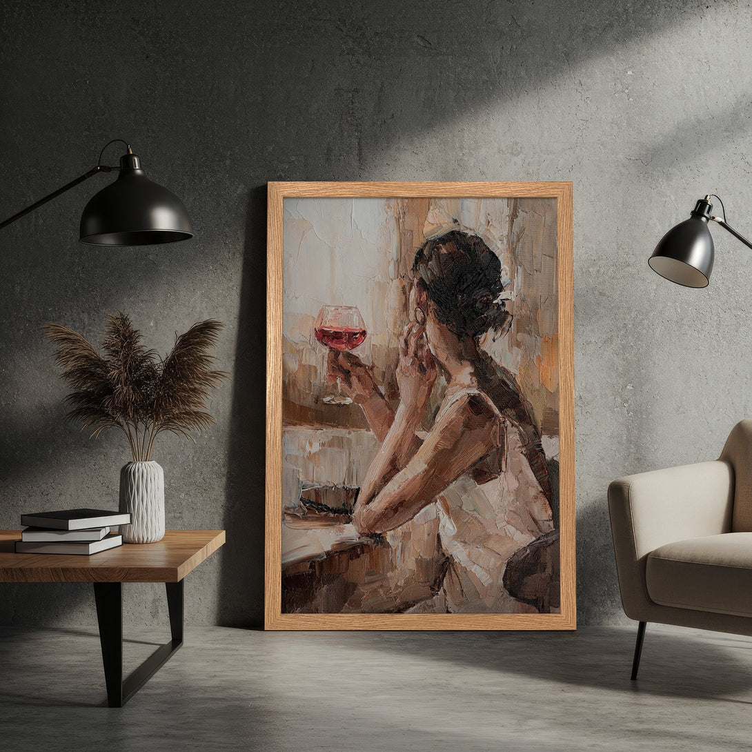Framed Poster of woman with wine, impressionist style, warm neutral color palette. Perfect wall art for your home.