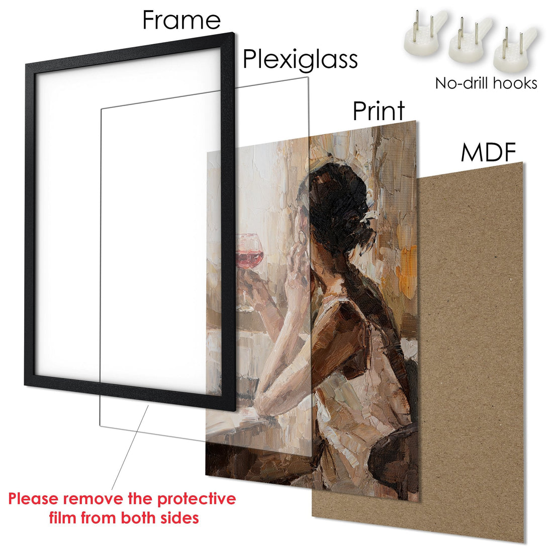 Framed Poster featuring a woman with a glass of wine, in an impressionistic style, warm color palette. Perfect wall art!