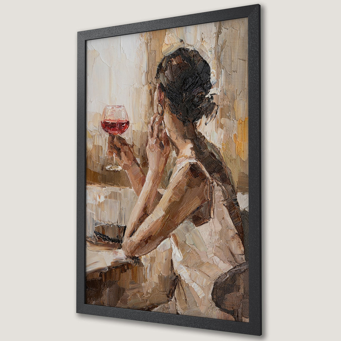 Framed Poster of woman with wine, impressionist style, warm neutral tones. Perfect wall art for your home.