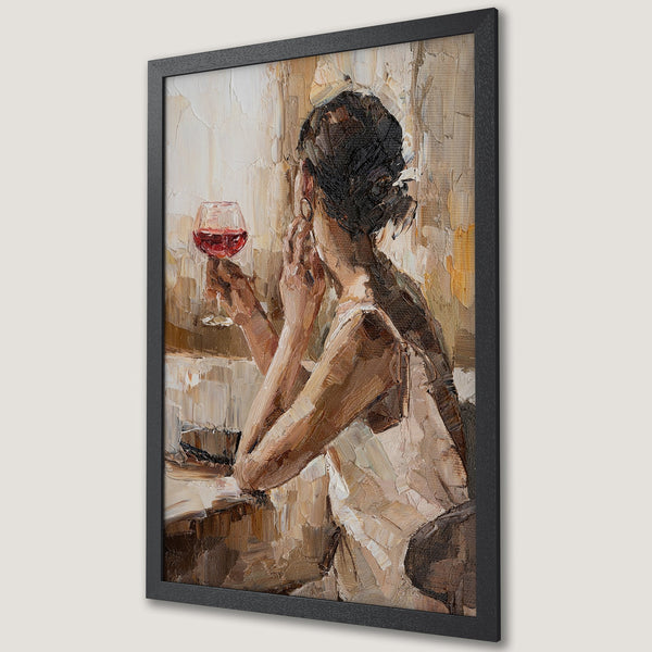 Framed Poster of woman with wine, impressionist style, warm neutral tones. Perfect wall art for your home.