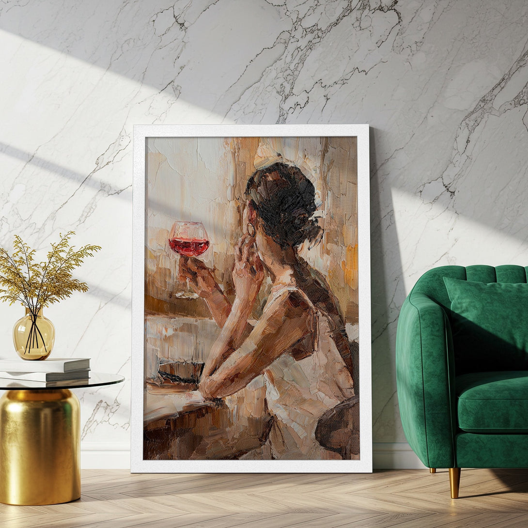 Framed Poster of woman with wine, impressionist style, warm neutral tones with pops of red. Perfect wall art!