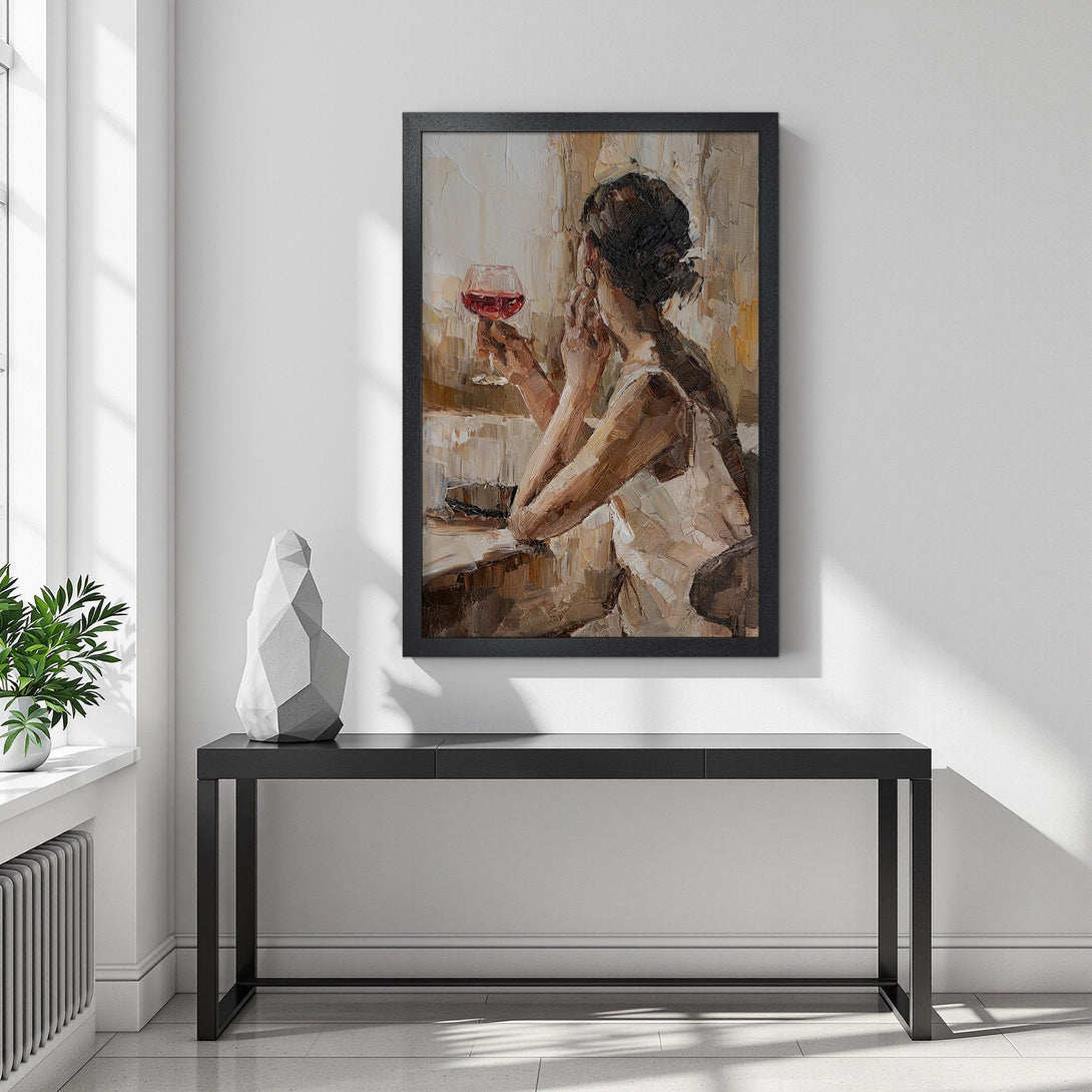Framed Poster of a woman with wine, impressionist style, warm neutral tones. Elevate your space with art!
